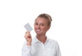 Young woman holding blank business card with copy space Royalty Free Stock Photo