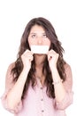 Young woman holding a blank business card in front Royalty Free Stock Photo