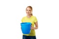 Young woman holding blue bucket. Royalty Free Stock Photo