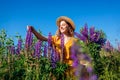 Young woman holding bouquet of lupin flowers walking in summer meadow. Stylish girl picking purple blooms Royalty Free Stock Photo