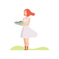 Young woman holding a bowl of vegetables and grilled sausages, barbecue party vector Illustration on a white background