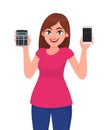 Young woman holding calculator and showing blank screen phone. Trendy girl presenting mobile, cell or smartphone. Female character Royalty Free Stock Photo