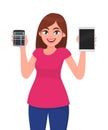 Young woman holding calculator and showing tablet computer. Trendy girl presenting digital PC, tab or pad. Female character design Royalty Free Stock Photo