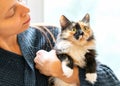 Young woman holding charming long-haired three-color orange-black-and-white cat in her hands. Focus on cat muzzle.