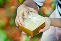 Young woman holding christmas gift box Royalty Free Stock Photo