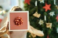 Young woman holding Christmas present box in front of face Royalty Free Stock Photo