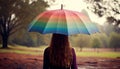 Young woman holding a colorful rainbow umbrella standing in the rain with ample copy space Royalty Free Stock Photo