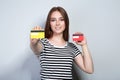 Woman holding credit cards Royalty Free Stock Photo
