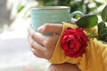 Young woman holding cup of morning coffee or tea with a red rose. Still life, self love and care concept. Royalty Free Stock Photo