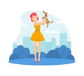 Young Woman Holding Cute Puppy, Girl Walking with Dog in Park Vector Illustration Royalty Free Stock Photo