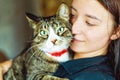 A young girl holds a beautiful striped cat with green eyes in her arms. A girl hugs her cute pet cat. A cute cat on the shoulder o Royalty Free Stock Photo