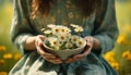 Young woman holding a daisy, enjoying nature beauty generated by AI Royalty Free Stock Photo