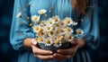 Young woman holding a daisy, smiling in nature beauty generated by AI Royalty Free Stock Photo