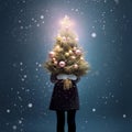 A young woman is holding a decorated Christmas tree made of natural Christmas tree branches Royalty Free Stock Photo