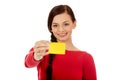 Young woman holding empty business card Royalty Free Stock Photo