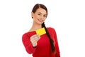 Young woman holding empty business card Royalty Free Stock Photo