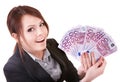 Young woman holding euro money.