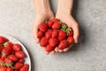 Young woman holding fresh ripe strawberries Royalty Free Stock Photo