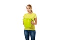 Young woman holding green bucket. Royalty Free Stock Photo