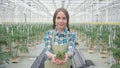 Young woman holding green plant standing in greenhouse on hydroponics.