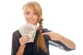 Young woman holding in hand cash money dollars Royalty Free Stock Photo