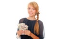 Young woman holding in hand cash money dollars Royalty Free Stock Photo