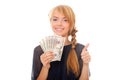Young woman holding in hand cash money dollars Royalty Free Stock Photo