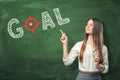 Young woman holding her glasses and pointing finger at word `goal` written on green chalkboard wall. Royalty Free Stock Photo