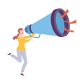 Young Woman Holding Huge Megaphone Making Announcement and Screaming Information Vector Illustration Royalty Free Stock Photo