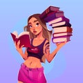 Young woman holding huge stack of books, student Royalty Free Stock Photo