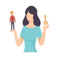 Young Woman Holding Key and Tiny Man with Keyhole, Young Woman Manipulating Man Like Marionette, Manipulation of People Royalty Free Stock Photo