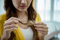 Young woman holding and looking her demaged hair Royalty Free Stock Photo