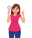 Young woman holding magnifying glass. Girl pointing up index finger. Female character design illustration. Human emotions concept. Royalty Free Stock Photo