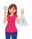 Young woman holding magnifying glass. Girl showing cash, money, currency notes bag. Female character design illustration. Royalty Free Stock Photo