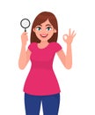 Young woman holding magnifying glass. Girl showing okay, OK gesture sign. Female character design illustration. Human emotions.