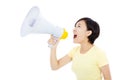 Young woman holding megaphone.isolated on white background