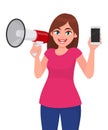 Young woman holding a megaphone or loudspeaker. Girl showing blank screen cell, mobile, smartphone in hand. Female character. Royalty Free Stock Photo