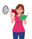 Young woman holding a megaphone or loudspeaker in hand. Girl reading or holding a book. Female character design illustration. Royalty Free Stock Photo