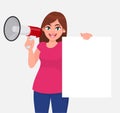 Young woman holding a megaphone or loudspeaker in hand. Girl showing blank white paper, empty poster or banner. Female character. Royalty Free Stock Photo