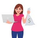 Young woman holding a new laptop computer and cash, money bag or sack. Stylish girl using digital device. Female character design.