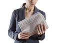 Young woman holding newspaper on white background Royalty Free Stock Photo
