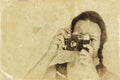 Young Woman Holding Old Camera. Filtered Image, Old Style Photo