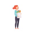 Young woman holding paper bag with healthy food, girl doing shopping at the grocery shop vector Illustration on a white Royalty Free Stock Photo