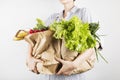 Young woman holding papers shopping bags on gray background Royalty Free Stock Photo