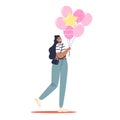 Young woman holding pink balloons bunch. Beautiful girl with air balloons
