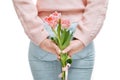 Young woman holding of pink tulips behind her back on a white background. Royalty Free Stock Photo