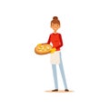 Young woman holding a pizza, housewife girl cooking food in the kitchen flat vector Illustration Royalty Free Stock Photo