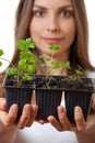 Young woman holding plant, celery sprout