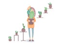 Young woman holding plant in flowerpot on white. Illustration can be used for gardening, home planting and farming
