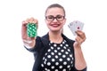 Young woman holding playing cards and chips isolated on white Royalty Free Stock Photo